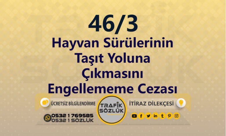 Hayvan Sürülerinin Taşıt Yoluna Çıkmasını Engellememe Cezası 2025 karayolları trafik kanunu 46/3 trafik ceza maddesi hayvan sürülerinin taşıt yoluna çıkmasını engellememe olarak tanımlanır